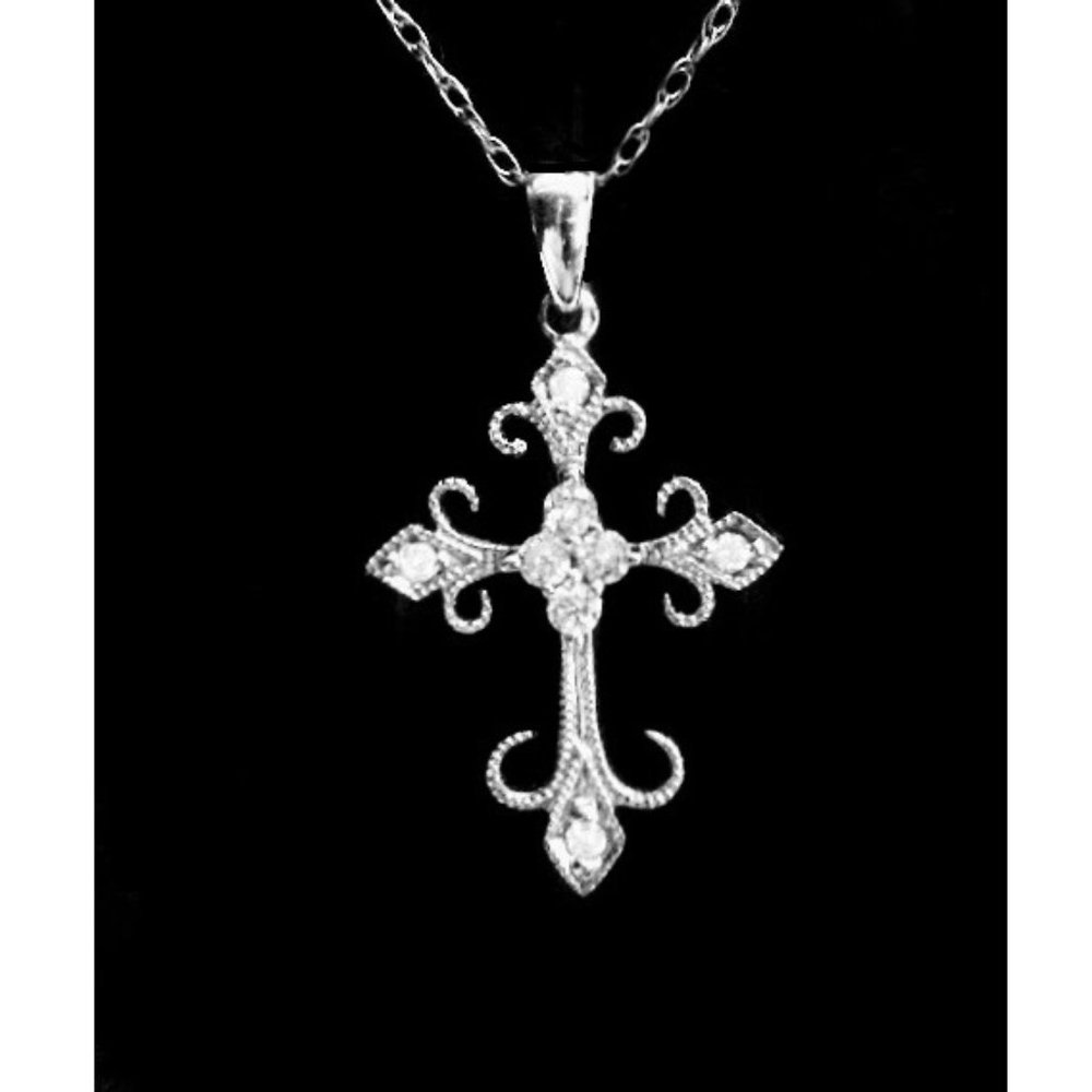 Solid 14k White Gold Genuine Diamonds Filigree Cross Necklace 18" New WOT